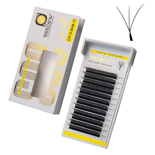 Extensiones de pestañas con doble punta 3D, rizo D de 0.003 in, mezcla de 0.315-0.591 in, 12 filas por bandeja, tallo plano 3DD en forma de W,