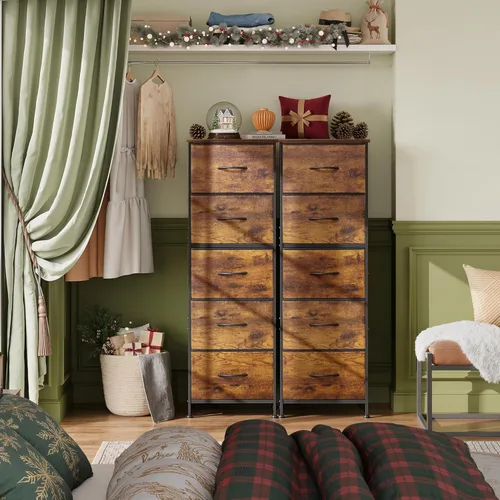 Miniatura 2 de WLIVE Cómoda de tela para dormitorio, cómoda alta de 5 cajones, organizador de almacenamiento con cubos de tela, parte superior de madera, marco