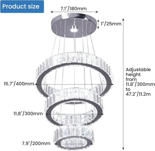 Miniatura 3 de CLAIRDAI Candelabros de Cristal de 3 Anillos Lámpara de Techo LED Candelabro para Techo Alto Candelabros Colgantes para Dormitorio Comedor Sala