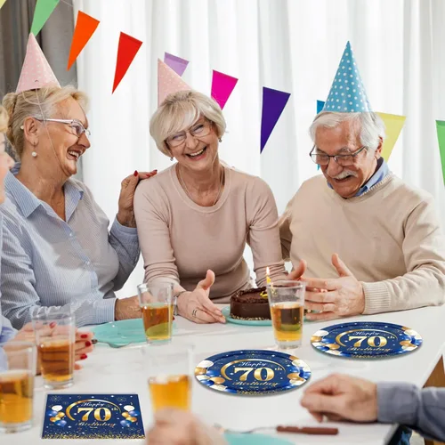 Miniatura 6 de 40 piezas de decoración para el 70 cumpleaños de hombres, azul marino y dorado, decoración de fiesta de cumpleaños feliz, incluye platos
