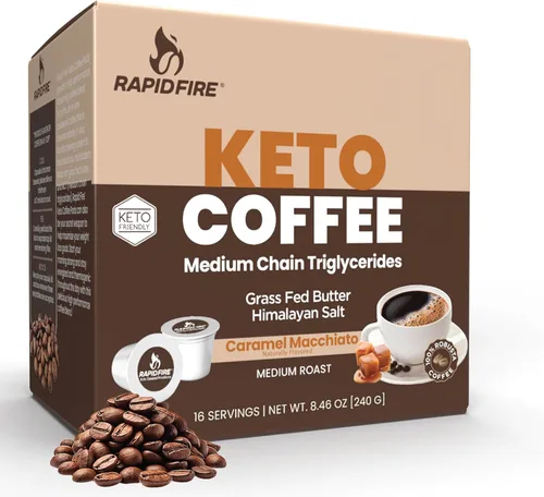 Rapidfire Caramel Macchiato Cápsulas de café cetogénico de alto rendimiento, apoya la energía y el metabolismo, control de peso, taza K de una sola