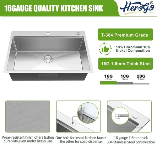Miniatura 4 de Herogo 25×22 Inch Kitchen Sink, Stainless Steel Drop In Single Bowl 10'' Deep Kitchen Sink with Accessories, for Rv Bar Farmhouse