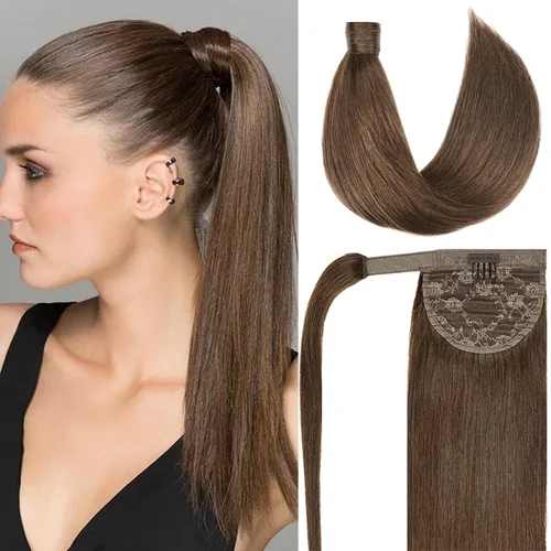 Ponytail Extension Human Hair #4 Chocolate Brown 100% Remy Human Hair Ponytail Extension Straight Wrap Around Ponytails One Piece Hairpiece for