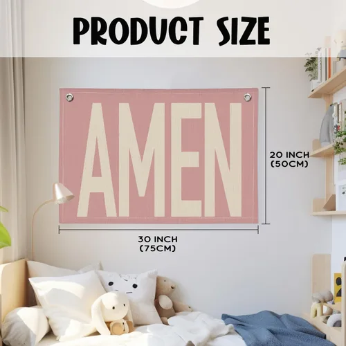 Miniatura 2 de Rosa "AMEN" Arte de Pared 20x30 Pulgadas - Decoración Cristiana Coquette, Colgante para Dormitorio de Niñas, Bandera de Oración de Lino, Letrero
