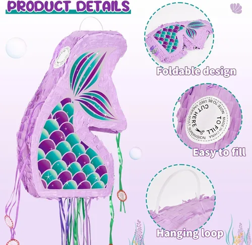 Miniatura 6 de WERNNSAI - Piñata de sirena plegable, piñata de cumpleaños con flecos que incluye cuerda para jalar, venda y bate. Decoraciones
