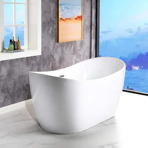 Miniatura 15 de WOODBRIDGE - Bañera independiente de acrílico, 59 pulgadas, bañera contemporánea de remojo, color blanco, con desbordamiento y desagüe de cromo
