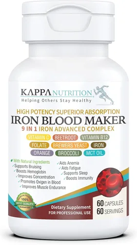 KAPPA NUTRITION Hierro 26mg, Vitamina C y Naranja 150mg, Ácido Fólico 667mcg DFE, Vitamina B12, Remolacha, Levadura de Cerveza, Brócoli y Aceite MCT