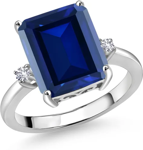 Anillo de compromiso de 3 piedras de plata de ley 925 de 0.472 x 0.394 in, zafiro sintético azul y zafiro blanco de 0.079 pulgadas para mujer, 6.78