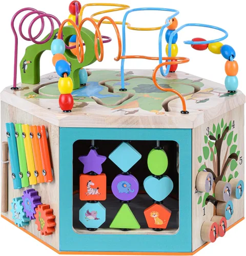 Teamson Kids Laboratorio de Juego Preescolar 7 en 1 Estación Centro de Cubo de Actividades de Madera Grande Laberinto de Cuentas y Conteo para Niños