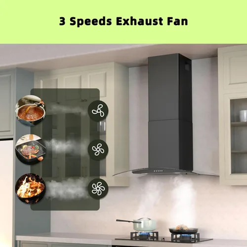 Miniatura 3 de FIREGAS Campana extractora de montaje en pared de 30 pulgadas con ventilador de 3 velocidades, campana extractora negra con vidrio templado, 400