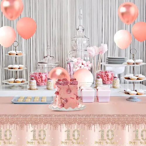 Miniatura 6 de Paquete de 3 Decoraciones de Décimo Cumpleaños para Niñas - Mantel de Mesa Rosa Dorado con Tema Happy Ten, Suministros para Fiestas - Mantel