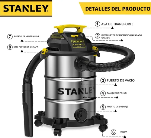 Miniatura 3 de STANLEY Aspiradora húmeda y seca de 8 galones y 4 HP Peak Shop con accesorio, SL18117