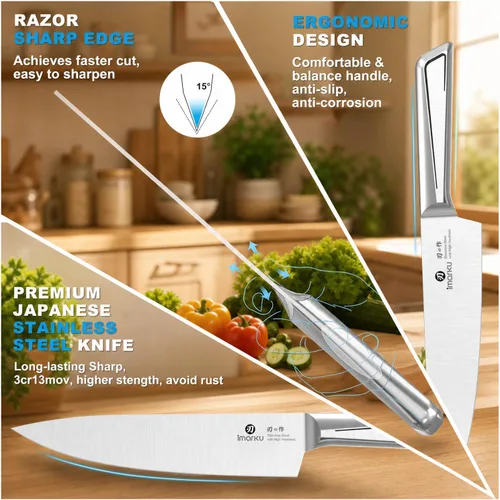 Miniatura 5 de imarku Juego de cuchillos de cocina con bloque y afilador incorporado, juego de 14 piezas de cuchillos de acero inoxidable japonés con cuchillo Negro