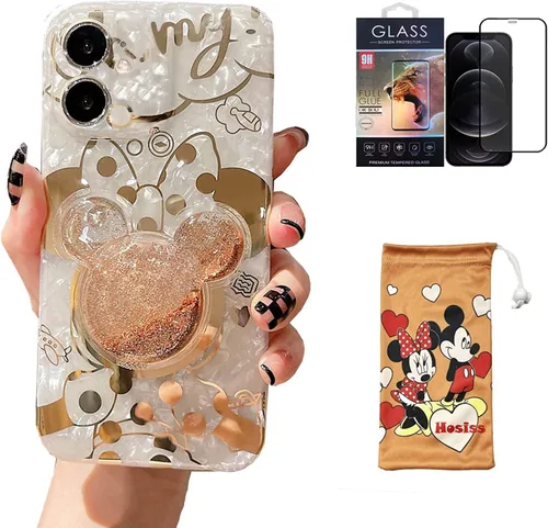 Miniatura 11 de Funda de dibujos animados para iPhone XR 6.1'' con protector de pantalla HD, Mickey Mouse con soporte para teléfono celular de arena movediza