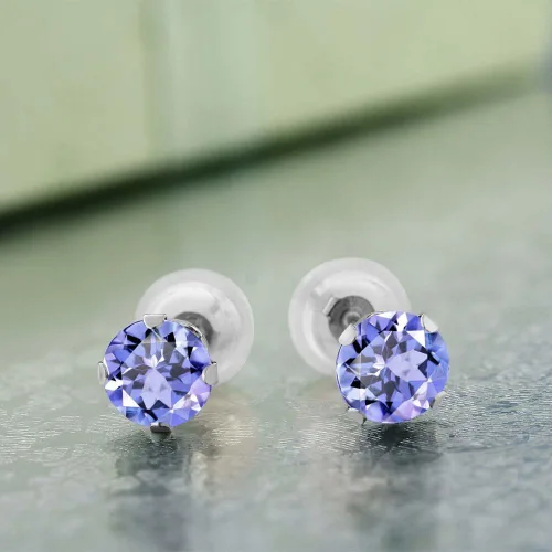 Miniatura 3 de Aretes de oro blanco de 14K macizo con tanzanitas redondas, claridad AAA, de 5 mm, 1.00 Ct.