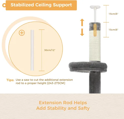 Miniatura 3 de PETEPELA Torre para gatos de 5 niveles de piso a techo, altura del árbol para gatos (95-107 pulgadas), ajustable, árbol de escalada alto con poste