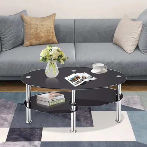 Miniatura 3 de COSTWAY Mesa auxiliar de cristal, mesa auxiliar de sofá de 3 niveles con patas de tubo de metal y estantes abiertos, moderna mesa auxiliar ovalada