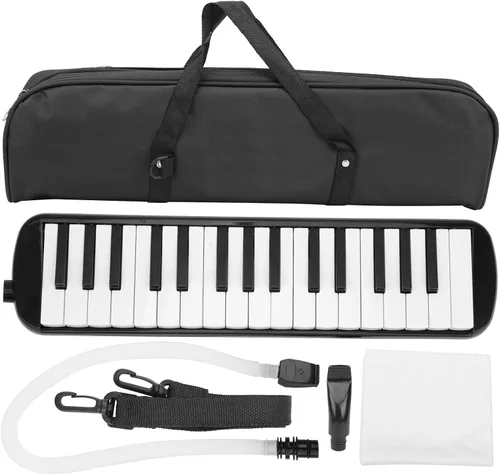 Melódica portátil de 32 teclas para principiantes con bolsa de transporte y boquilla de corneta, color negro