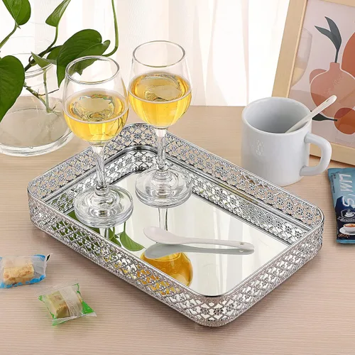Miniatura 6 de ELLDOO Bandeja para Espejo de Perfume de Tocador, Bandeja de Maquillaje, Organizador de Joyería Tallado en Hueco, Bandeja de Almacenamiento de Plata