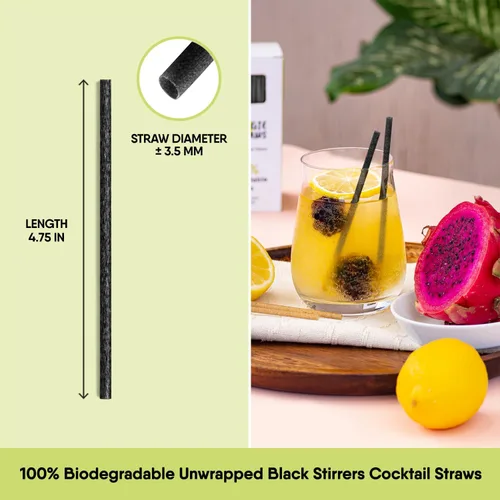 Miniatura 2 de The Veggie Straws 150 unidades de agitadores de bebidas biodegradables negros sin envolver de 4.75 pulgadas - Hecho de fibras vegetales, los mejores