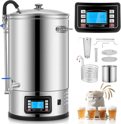 FOHERE Sistema de elaboración de cerveza eléctrico todo en uno (9.2 galones/35L), cervecera casera de acero inoxidable, olla para puré y hervir con