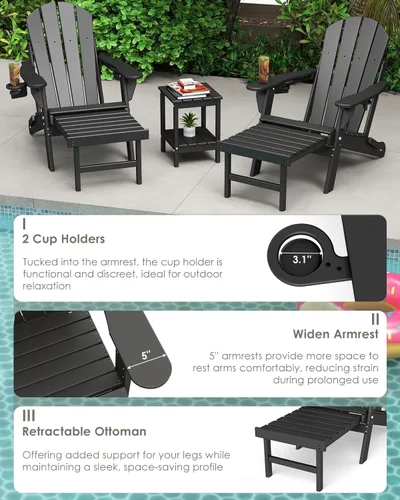 Miniatura 7 de GREENVINES Silla Adirondack ajustable con otomana retráctil, juego de 2 Plegable Plástico de polietileno de alta densidad Sillas para hoguera