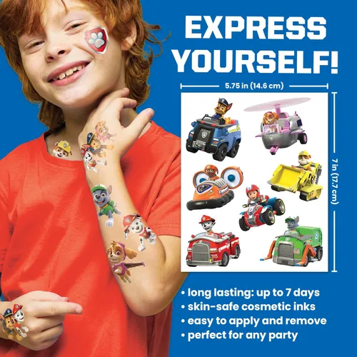 Miniatura 3 de Tatuajes temporales de Paw Patrol para niños (paquete de 50). Fabricado en los Estados Unidos con tinta segura certificada. Kit de suministros