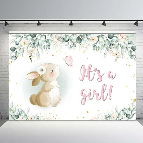 Miniatura 8 de MEHOFOND Fondo para decoración de fiesta de baby shower, de 7 x 5 pies, pancarta de primavera de Pascua, rosa, floral, mariposa, conejo, hojas