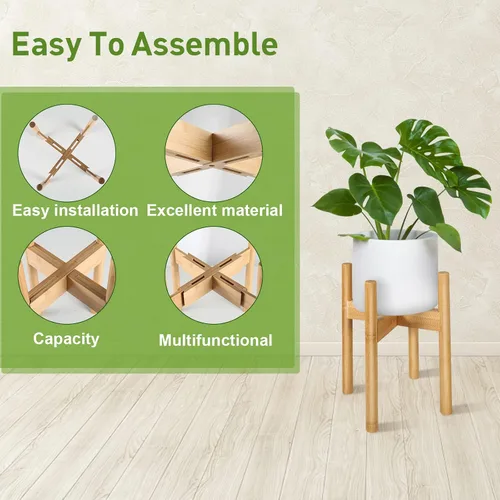 Miniatura 4 de Paquete de 2 soportes de bambú para plantas, soporte ajustable para plantas de interior, soporte moderno de mediados de siglo, soporte para plantas