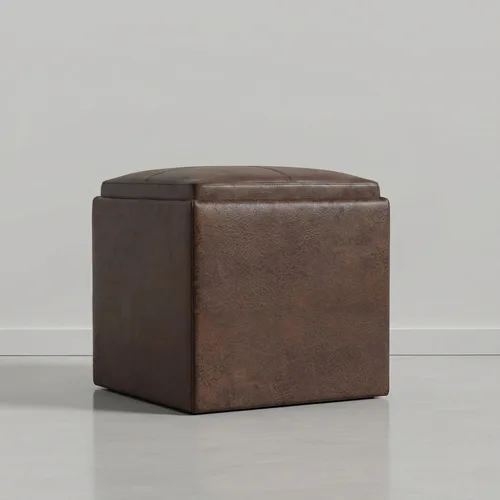 SIMPLIHOME Rockwood - Otomana de almacenamiento en cubo con bandeja, otomana tapizada de cuero vegano de 17 pulgadas de ancho en marrón envejecido,