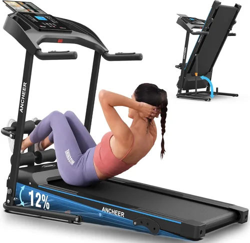 ANCHEER Caminadora plegable con banco para sentarse, 2025 actualizadas 3.5 HP cintas de correr portátiles para el hogar con inclinación de 350