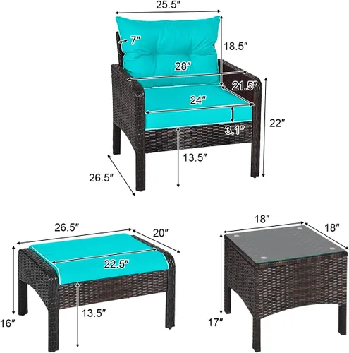 Miniatura 5 de Juego de muebles de mimbre para patio, juego de conversación de mimbre modular para exteriores con 2 otomanas y mesa de centro de vidrio templado
