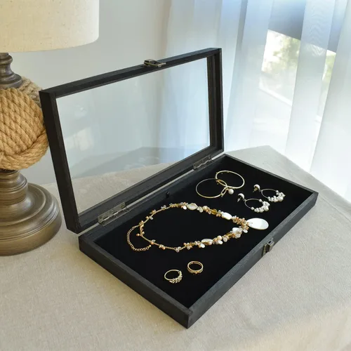 Miniatura 9 de MOOCA Vitrina de madera para joyas, vitrina de bolsillo con tapa superior de vidrio templado y almohadilla de joyería de terciopelo MDF de lujo