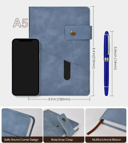 Miniatura 2 de vfaejll Cuaderno de cuero rayado azul A5 para hombres y mujeres, 5.9" X 8.4" Cuaderno diario personalizado de tapa dura con bolígrafo, 200 páginas