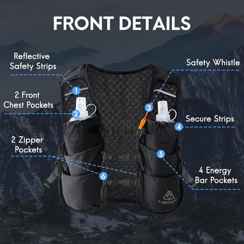 Miniatura 5 de Chaleco de hidratación para correr Haimont, paquete ligero de 5L para mujer y hombre, para correr en senderos Bounce-Free Fit, Front Fuel Storage