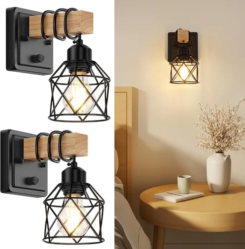 FadimiKoo Juego de dos apliques de pared regulables, lámpara de pared para mesita de noche con interruptor giratorio, luminarias de baño de madera