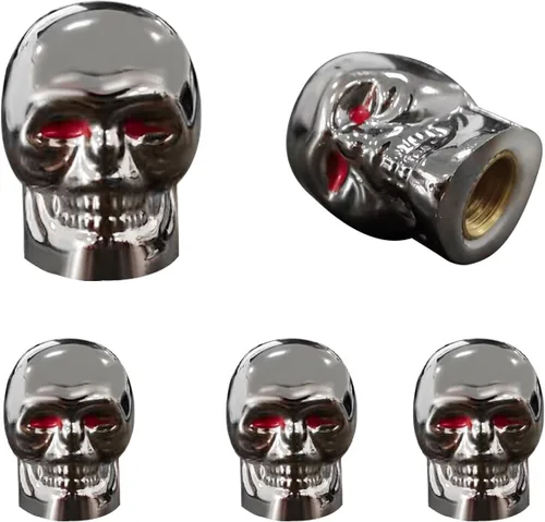 Dickno 5 tapas de vástago de válvula de neumático estilo calavera con anillo de goma, cubiertas de tapones de aire para coche de ojos rojos, tapas