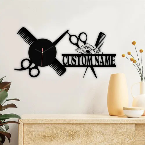 Miniatura 18 de Reloj de pared con nombre personalizado para dormitorio, sala de estar, cocina, barbería, peluquería, peluquería, herramienta de peluquería, Reloj