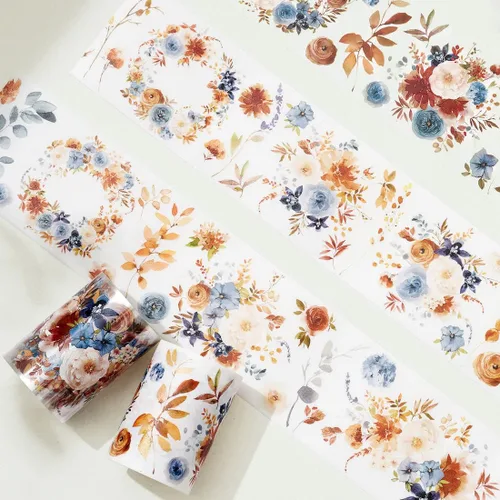Miniatura 5 de WT Cinta de PET ancha azul polvoriento y canela, un solo rollo, diseños originales, cinta decorativa floral, cinta transparente para manualidades