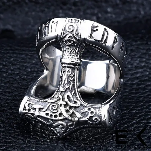 Miniatura 2 de Anillo de Mjolnir de martillo de Thor rúnico 316L de acero inoxidable nórdico escandinavo vikingo joyería