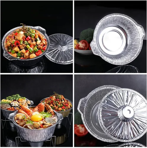 Miniatura 4 de ABOOFAN Sartén redonda de aluminio con tapas Ollas de papel de aluminio de 13 pulgadas Contenedor de alimentos desechable para microondas Contenedor