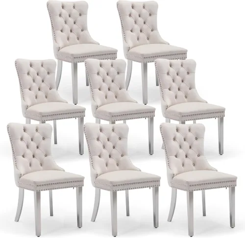 Miniatura 133 de Juego de 4 sillas de comedor de terciopelo, sillas de comedor tapizadas con ribete de cabeza de clavo y patas de madera maciza para cocina