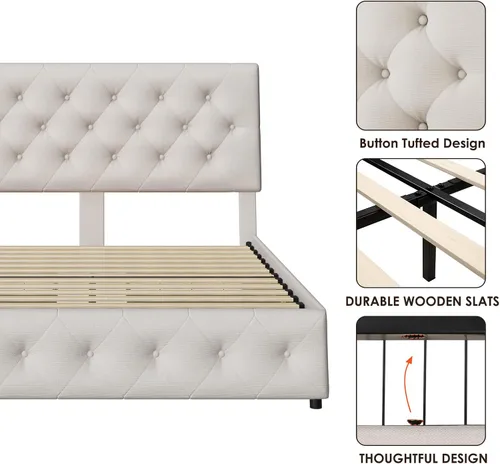 Miniatura 6 de TTVIEW Base de cama de tamaño matrimonial con 4 cajones de almacenamiento y cabecera ajustable, plataforma tapizada con diseño capitoné, soporte