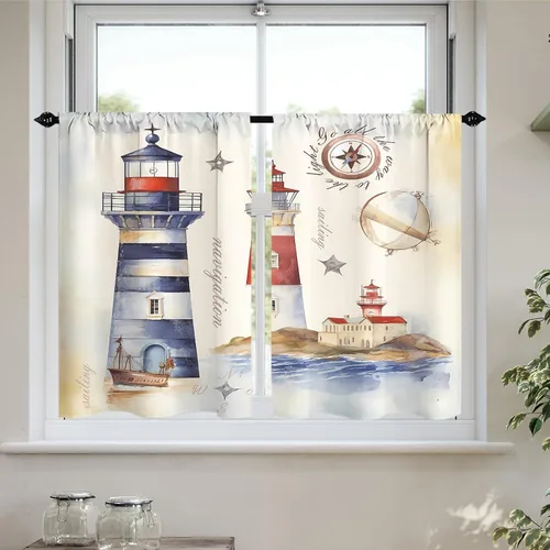 Miniatura 9 de Cortinas cortas de cocina con diseño náutico de tortugas marinas azules y playas, media cortina de baño para dormitorio, juego de 2 paneles de 27.5