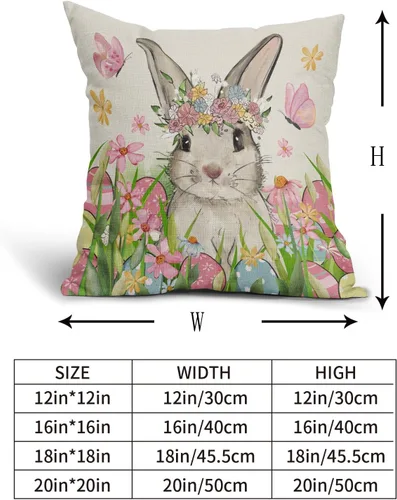 Miniatura 5 de Juego de 2 fundas de almohada de Pascua de 18 x 18 pulgadas, diseño de huevos de conejo, conejo, acuarela, rosa, azul, floral, con temática