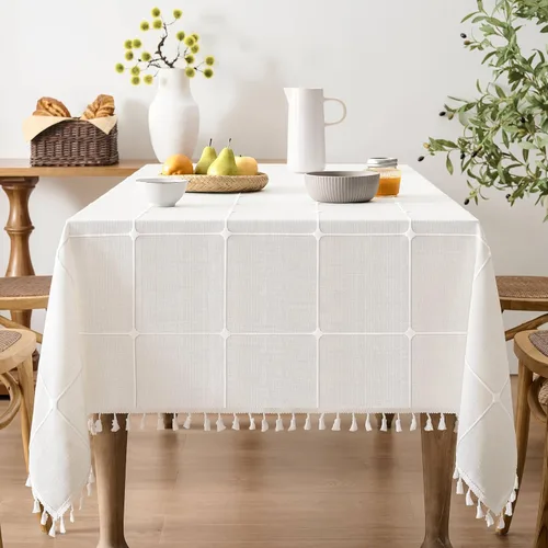 ZeeMart - Mantel de mesa con diseño de cuadrícula boho y borlas (blanco roto, 132 cm x 132 cm), mantel de gran peso de lino a cuadros bordado de