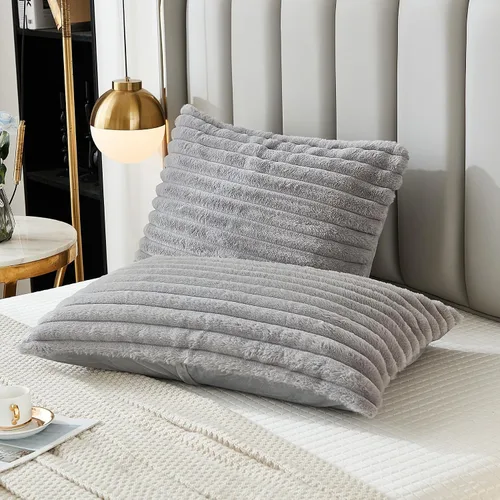 Miniatura 25 de Juego de 2 fundas de almohada para cama tamaño king, fundas de cojín rectangulares lumbares con diseño de rayas, forro de piel de conejo sintética