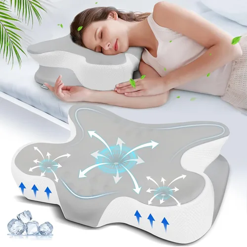 Miniatura 9 de Almohada de espuma viscoelástica cervical para alivio del dolor de cuello - Almohada ergonómica con contorno para dormir de lado, espalda y Azul