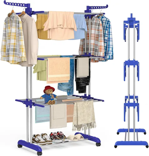 Miniatura 9 de Estante de secado de ropa, de acero inoxidable, de gran tamaño, plegable, de 4 niveles, estante de secado de ropa plegable para interiores