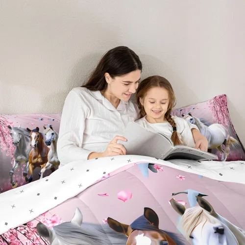 Miniatura 6 de Feelyou Juego de edredón tamaño individual con diseño de caballo y cerezo en flor de galope para niños, adolescentes, edredón occidental, decoración